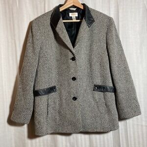 Talbots Woman 14W Herringbone Wool Blazer Leather Italian Black White Academia